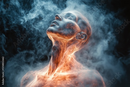 Expressive human form emerges from swirling smoke and glowing light