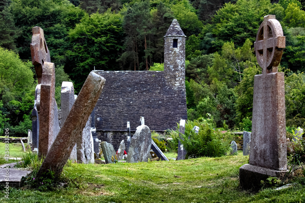 Medieval church of the Glendalough monastery in the Wicklow mountains in Ireland