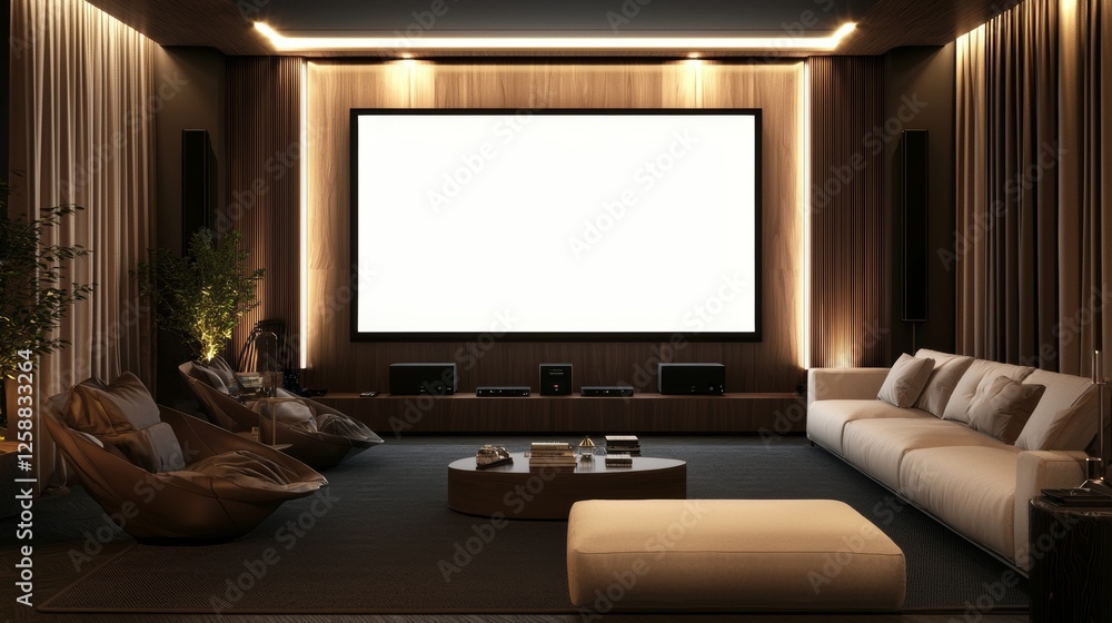 Fototapeta premium Cozy luxury living room with large screen and scenic waterfront view during golden hour