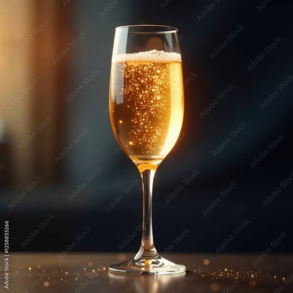 Glowing champagne in a crystal glass, fine bubbles rise, bubbles, cold, shimmer Glowing champagne in a crystal glass, fine bubbles rise, bubbles, cold, shimmer