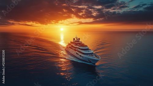 Luxurious yacht sailing on calm ocean waters during a vibrant sunset