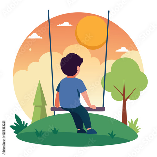 a young boy sits alone on a swing in a quiet park Adobe Illustrator Artwork