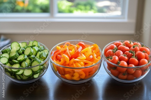 Freshly chopped vegetables in clear bowls on a wooden table near a sunny window