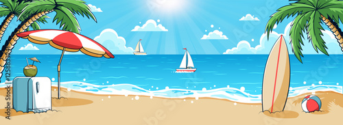 Vibrant beach setup with palm trees, surfboard in the sand, and sailboats gliding across sea under a bright sun. Summer bliss. Retro comics style vector