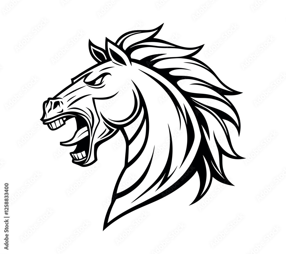 Obraz premium A high-contrast black and white vector illustration of a roaring horse's head,