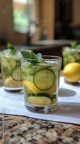 Refreshing cucumber and lemon drinks served with mint in clear glasses on a k...