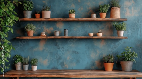 Cozy indoor space with green plants on wooden shelves against a blue wall