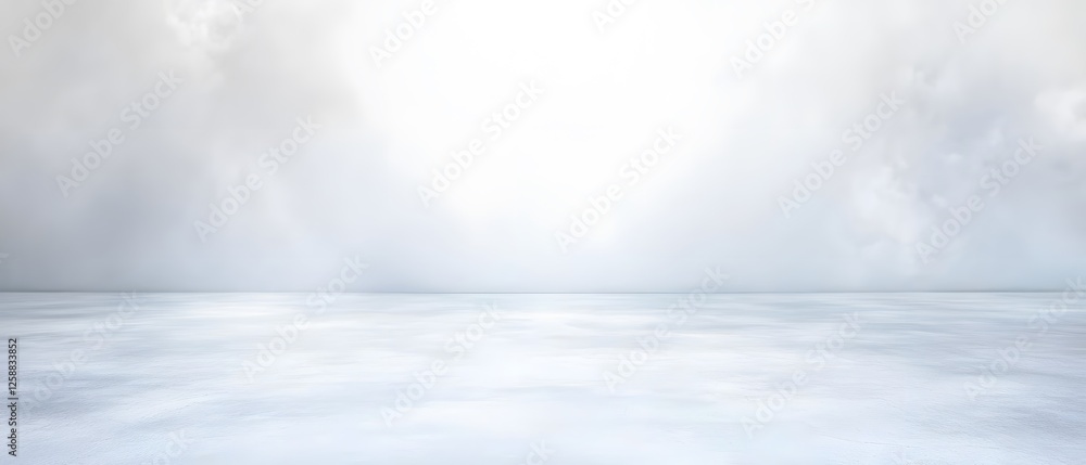Fototapeta premium Serene White Minimalist Studio Background, Empty Room, Blank Space, Light Grey Wall, Floor, Product Photography Backdrop