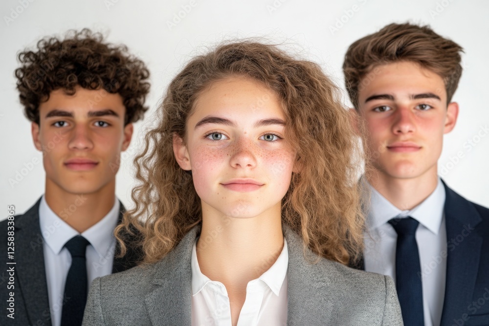 three teenagers in business attire stand together three teenagers in business attire stand together