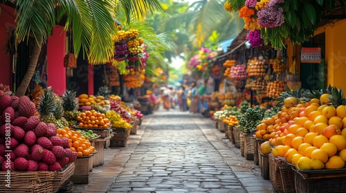 Vibrant fruit market bustling with activity in tropical location during sunny...