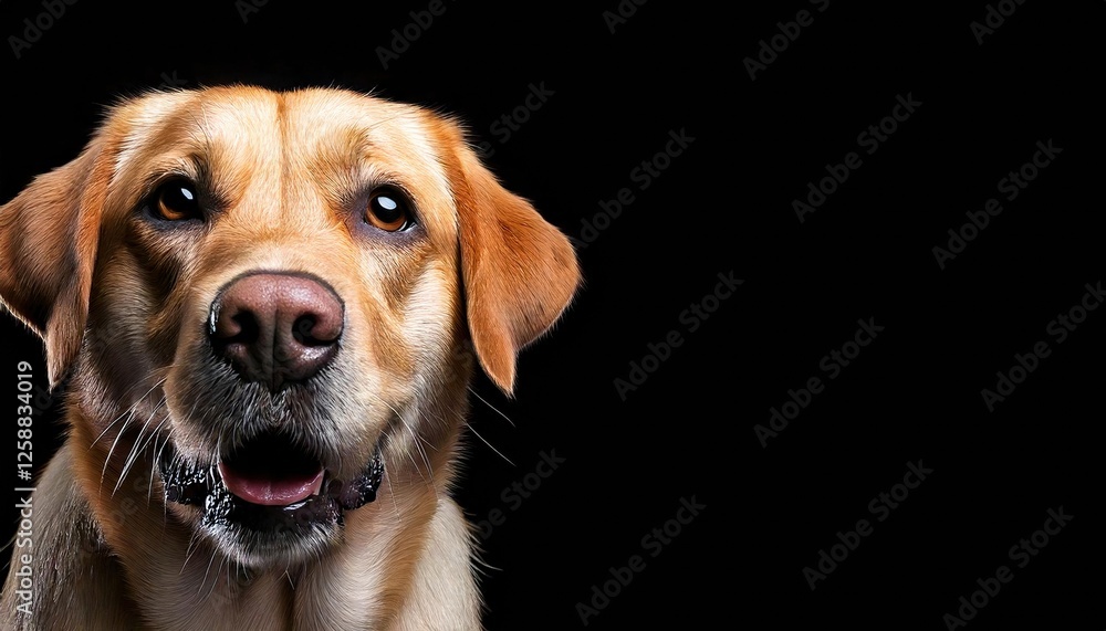 Labrador Retriever with warm expression and shiny coat in front of a black backdrop Labrador Retriever with warm expression and shiny coat in front of a black backdrop