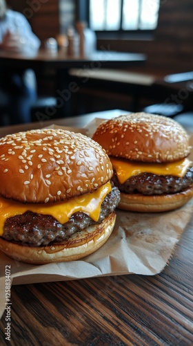 Juicy cheeseburgers served in a cozy restaurant with wooden decor and a welco...