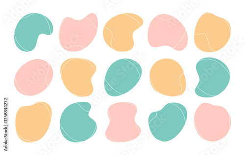 Color liquid blob shapes, irregular organic random forms, pastel fluid silhouette, simple vector smooth ink stain. Highlight for social media stories