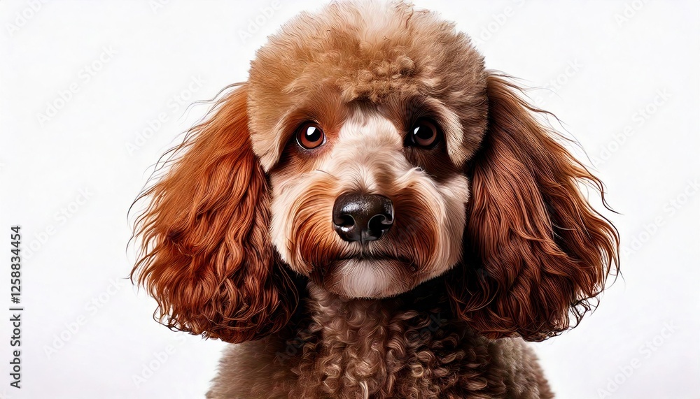 Cute brown poodle with curly fur looking directly at the camera in a bright setting Cute brown poodle with curly fur looking directly at the camera in a bright setting