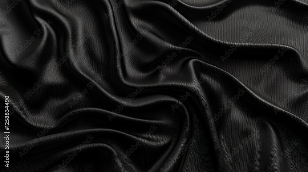 Textured black fabric drapes elegantly across a surface in soft folds and waves, creating a sense of depth and richness Textured black fabric drapes elegantly across a surface in soft folds and waves, creating a sense of depth and richness
