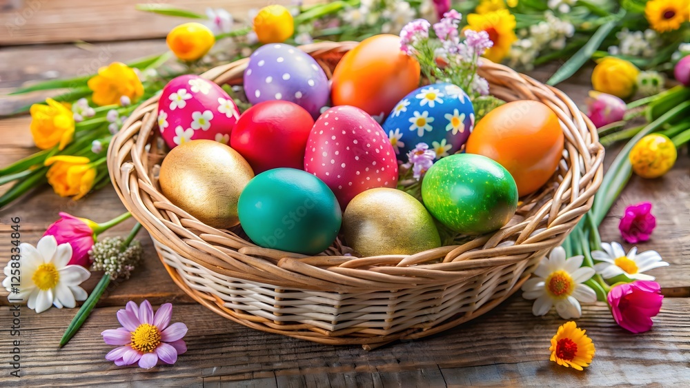 Colorful Easter Eggs in Wicker Basket with Spring Flowers Colorful Easter Eggs in Wicker Basket with Spring Flowers