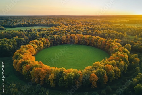 Serene aerial view of a circular forest with autumn colors at sunset in a tra...
