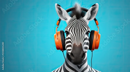 Cartoon zebra in headphones listens to music on a blue background with copy space.