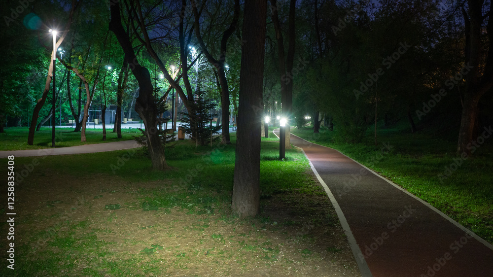 Obraz premium Running track in the city park at night illuminated by lanterns. Running and walking in the fresh air