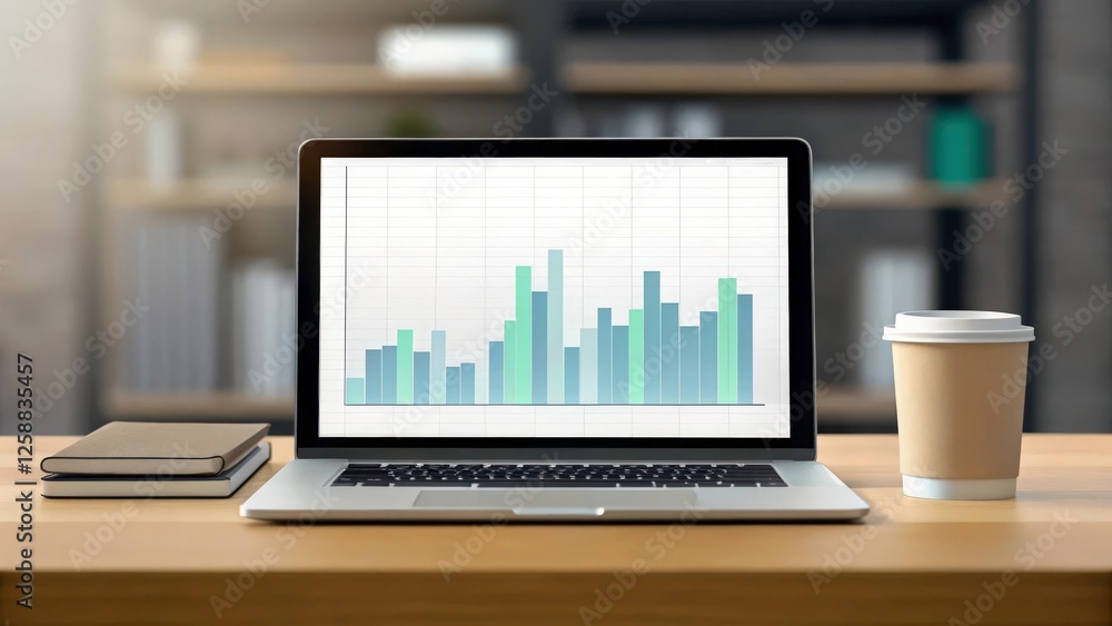 a laptop on a desk with a cup of coffee and a notebook next to it. The laptop screen displays a bar graph showing positive growth and success a laptop on a desk with a cup of coffee and a notebook next to it. The laptop screen displays a bar graph showing positive growth and success