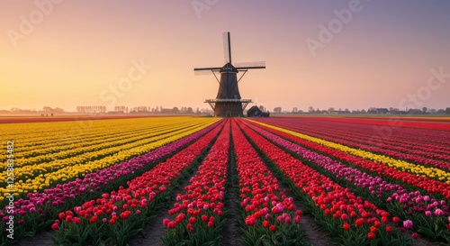 A panoramic view of the tulip fields in the Netherlands at sunrise photo