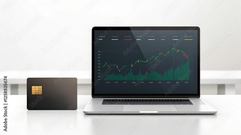 a laptop with a financial graph on the screen, next to a black credit card. The image is evocative of online financial services, investments, and modern digital transactions a laptop with a financial graph on the screen, next to a black credit card. The image is evocative of online financial services, investments, and modern digital transactions