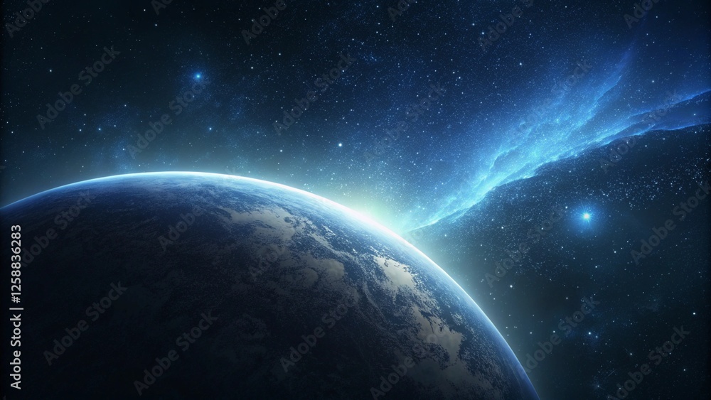 Obraz premium Futuristic background minimalist​ Cosmic Landscape with Glowing Planets, Space Nebula, and Sci-Fi Atmosphere