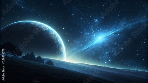 Futuristic background minimalist​
  Cosmic Landscape with Glowing Planets, Space Nebula, and Sci-Fi Atmosphere