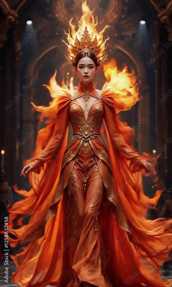A regal fiery goddess in a magnificent orange gown radiating power and warmth.
A regal fiery goddess in a magnificent orange gown radiating power and warmth.