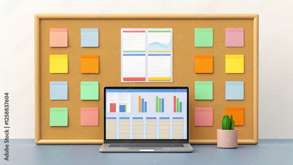 Laptop with data charts on screen, pinned notes on corkboard Laptop with data charts on screen, pinned notes on corkboard