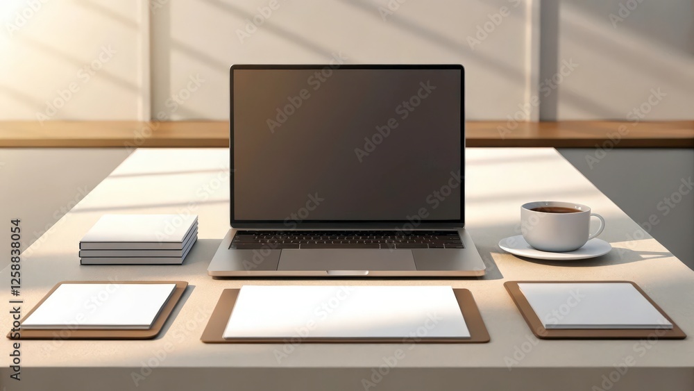 Laptop and office supplies mockup on a wooden desk with a cup of coffee and the morning sunlight streaming through a window Laptop and office supplies mockup on a wooden desk with a cup of coffee and the morning sunlight streaming through a window