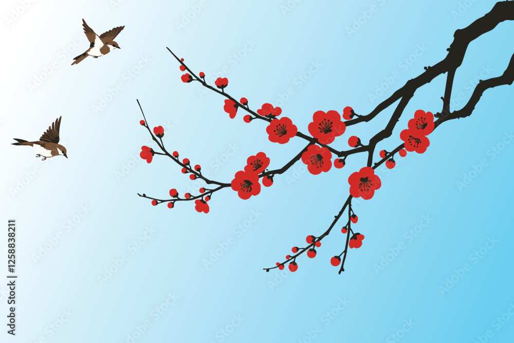 A serene, stylized illustration of birds in flight against a backdrop of a blossoming plum tree branch A serene, stylized illustration of birds in flight against a backdrop of a blossoming plum tree branch