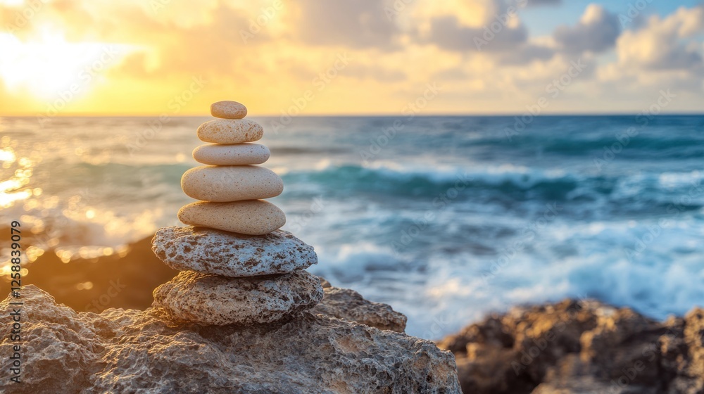 Serene Stacked Stones Ocean Sunset Seascape Calm Peaceful Rocks Serene Stacked Stones Ocean Sunset Seascape Calm Peaceful Rocks