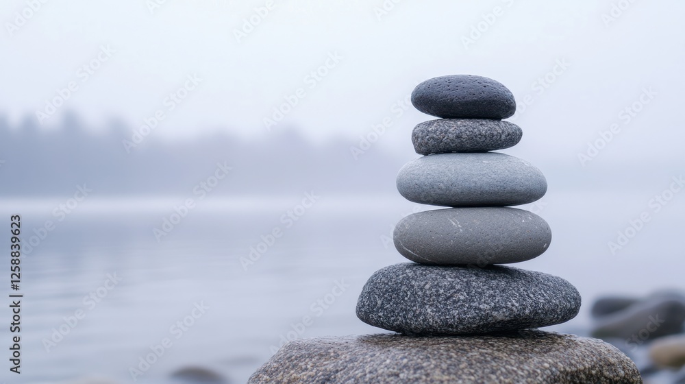 Serene Stacked Stones Peaceful Lake Misty Background Serene Stacked Stones Peaceful Lake Misty Background
