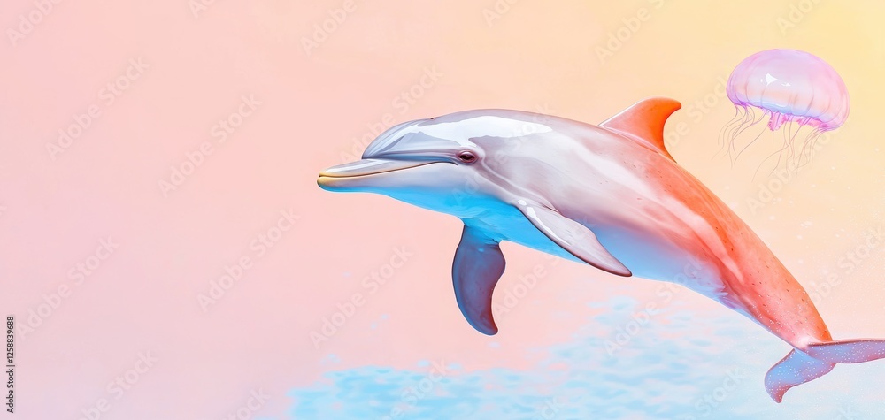 Obraz premium A playful dolphin swims gracefully in vibrant waters, accompanied by a delicate jellyfish against a pastel-colored background.