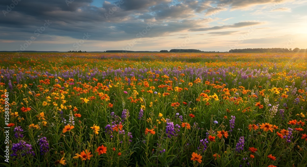 Fototapeta premium Blooming Wildflower Meadow at Sunset with Dramatic Sky Landscape