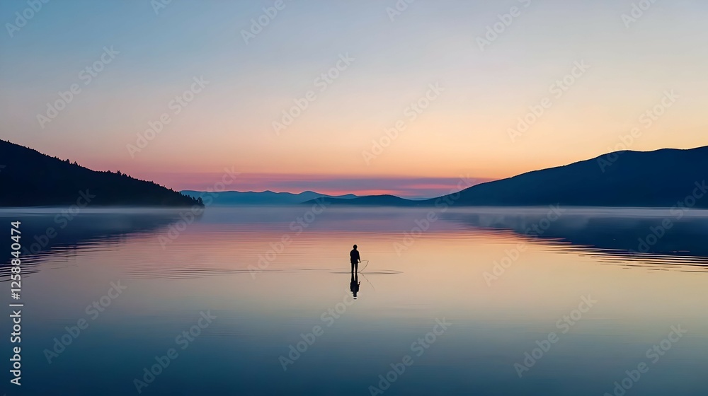 Fototapeta premium Solitary Figure Silhouetted Against Sunrise Over a Calm Lake