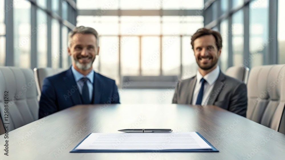 two businessmen smiling at the camera as they sit across from each other at a conference table. There is a pen and a legal document on the table in front of them two businessmen smiling at the camera as they sit across from each other at a conference table. There is a pen and a legal document on the table in front of them