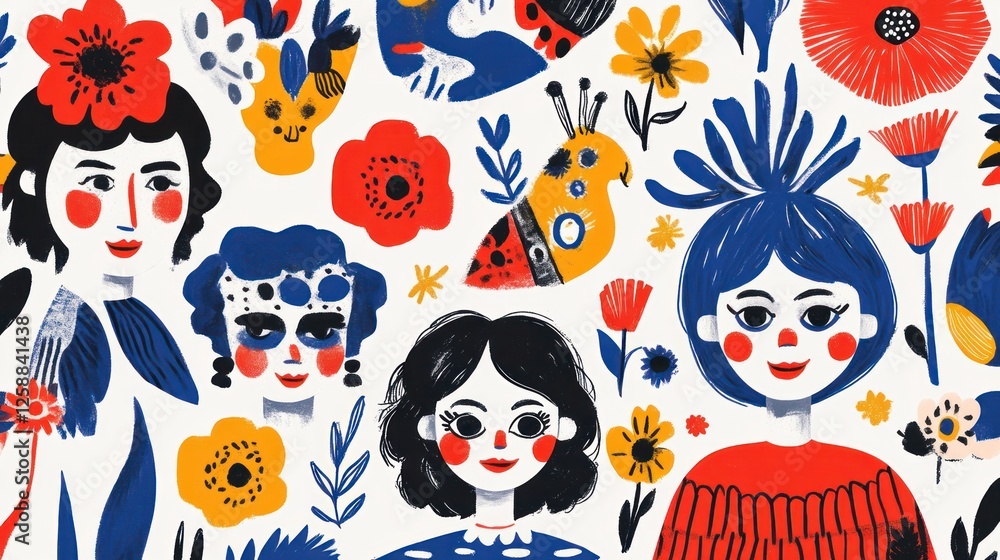 Colorful illustration of women's faces and flowers. Colorful illustration of women's faces and flowers.