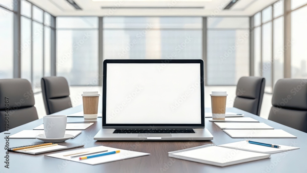 Laptop with Blank Screen on Conference Table Laptop with Blank Screen on Conference Table