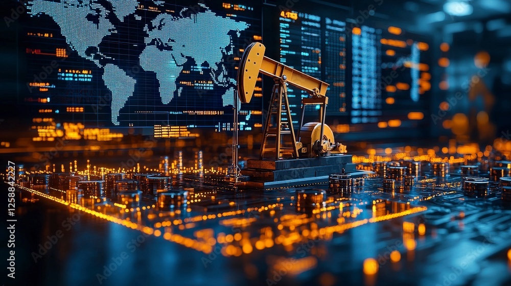 Naklejka premium This image showcases a futuristic oil pump on a digital backdrop, with intricate patterns and data visualizations illustrating modern oil technology and industry growth.