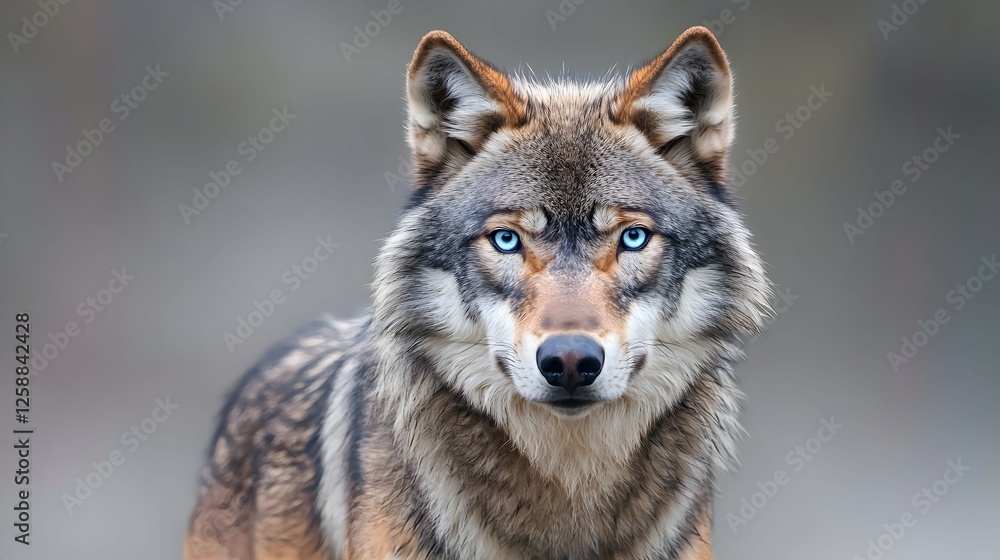 Gray Wolf Portrait with Striking Blue Eyes in a Natural Setting