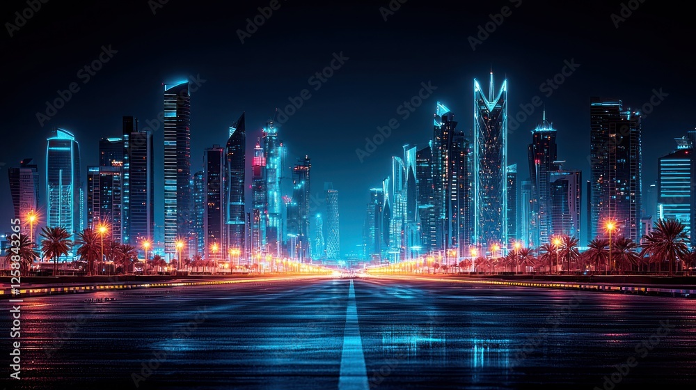 Night city highway, futuristic cityscape, palm trees, empty road, advertising Night city highway, futuristic cityscape, palm trees, empty road, advertising