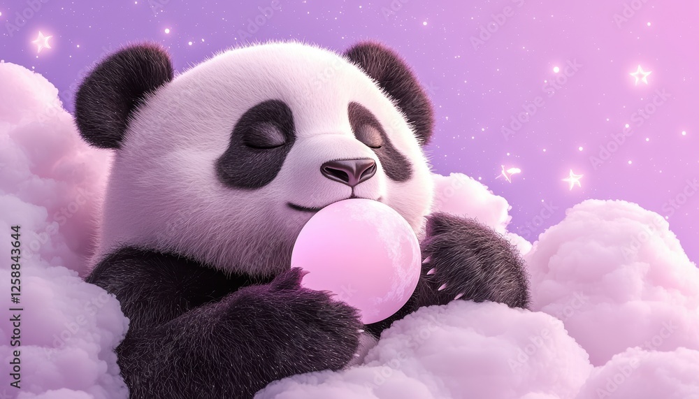 A cute panda enjoys a pink treat while resting among fluffy clouds, surrounded by a dreamy, pastel-colored background. A cute panda enjoys a pink treat while resting among fluffy clouds, surrounded by a dreamy, pastel-colored background.