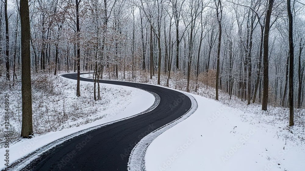 Winding Road Through A Snow Covered Winter Forest