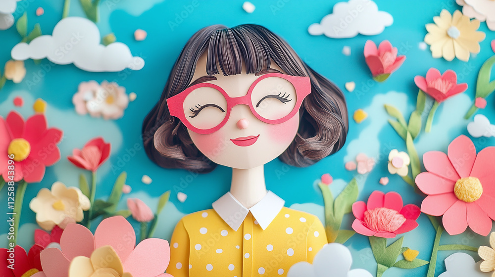 Paper art portrait of a woman with glasses, surrounded by colorful flowers and clouds against a sky blue background. Cute and whimsical design. Paper art portrait of a woman with glasses, surrounded by colorful flowers and clouds against a sky blue background. Cute and whimsical design.