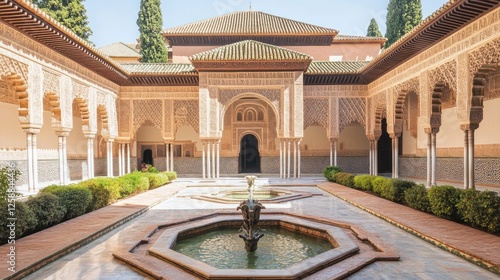 Ornate Courtyard Palace Architecture With Fountain