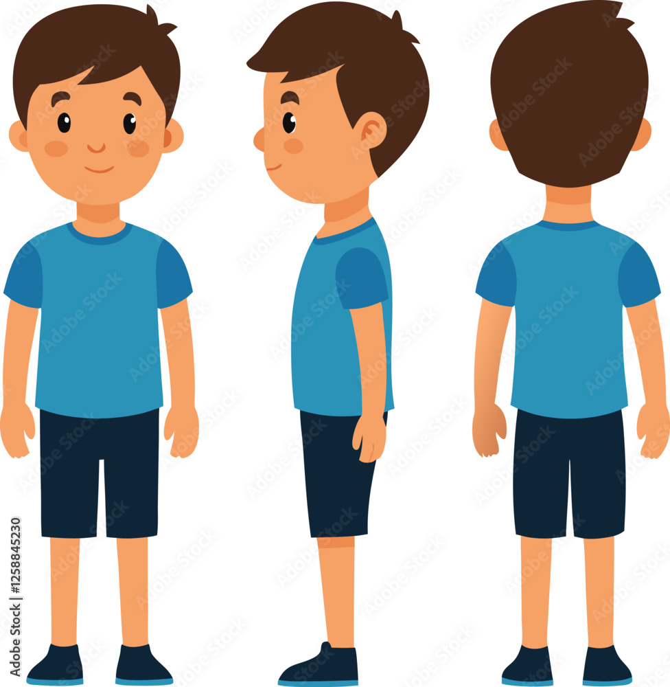 Cartoon Boy Character Depicted in Front, Side, and Back View Cartoon Boy Character Depicted in Front, Side, and Back View