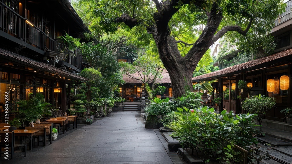 Lush Tropical Courtyard with Stone Path and Buildings Lush Tropical Courtyard with Stone Path and Buildings