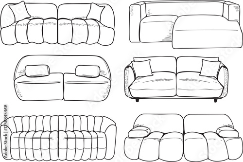 Ensemble canapé moderne coussin décoration ameublement trait noir vecteur